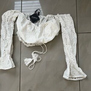 Zaful White Eyelet Crop Top with Long Sleeves